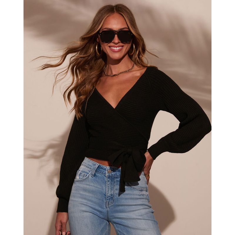 Rayna Cropped Wrap Sweater|Black|Ivory|Taupe|XS|S|M|L|XL