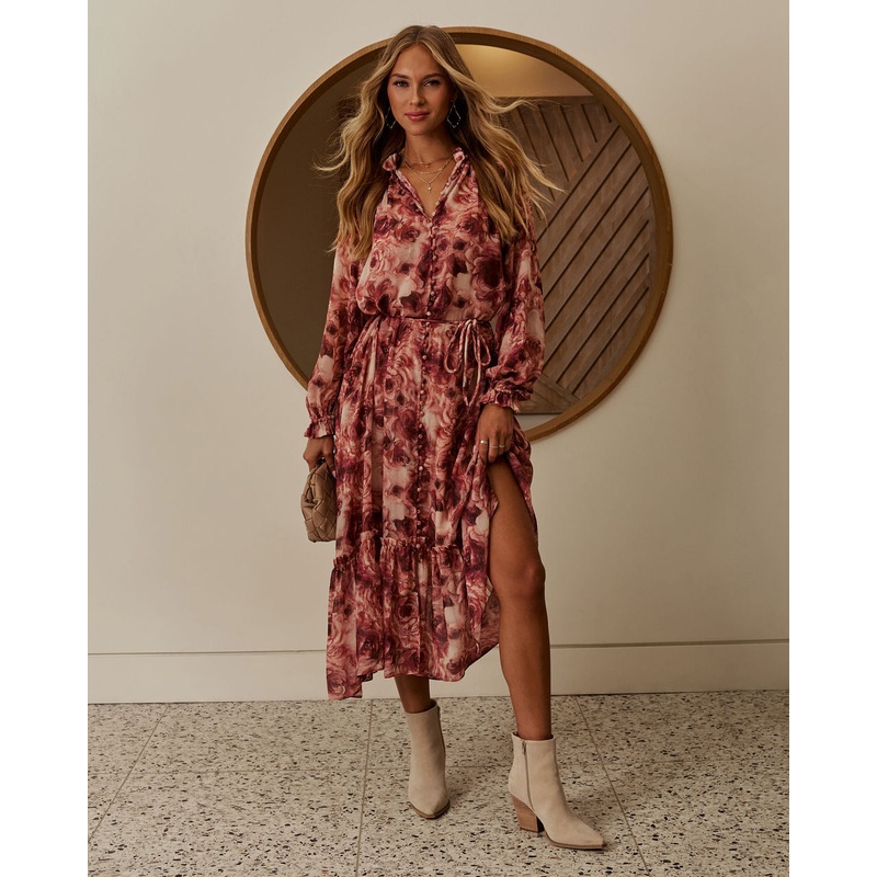 Send Love Belted Floral Print Midi Dress