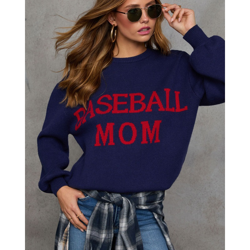 Baseball Mom Knit Pullover Sweater – Grey