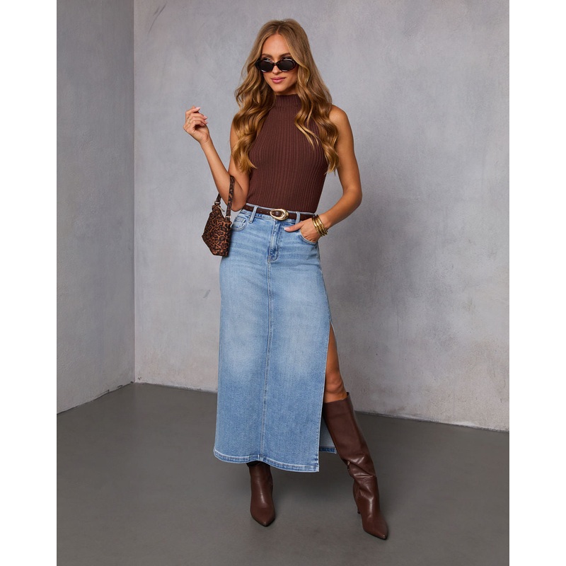 Chic Side Slit Denim Midi Skirt