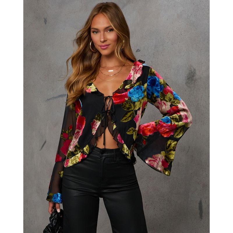 Trudie Front Tie Blouse|Black Multi|XS|S|M|L|XL