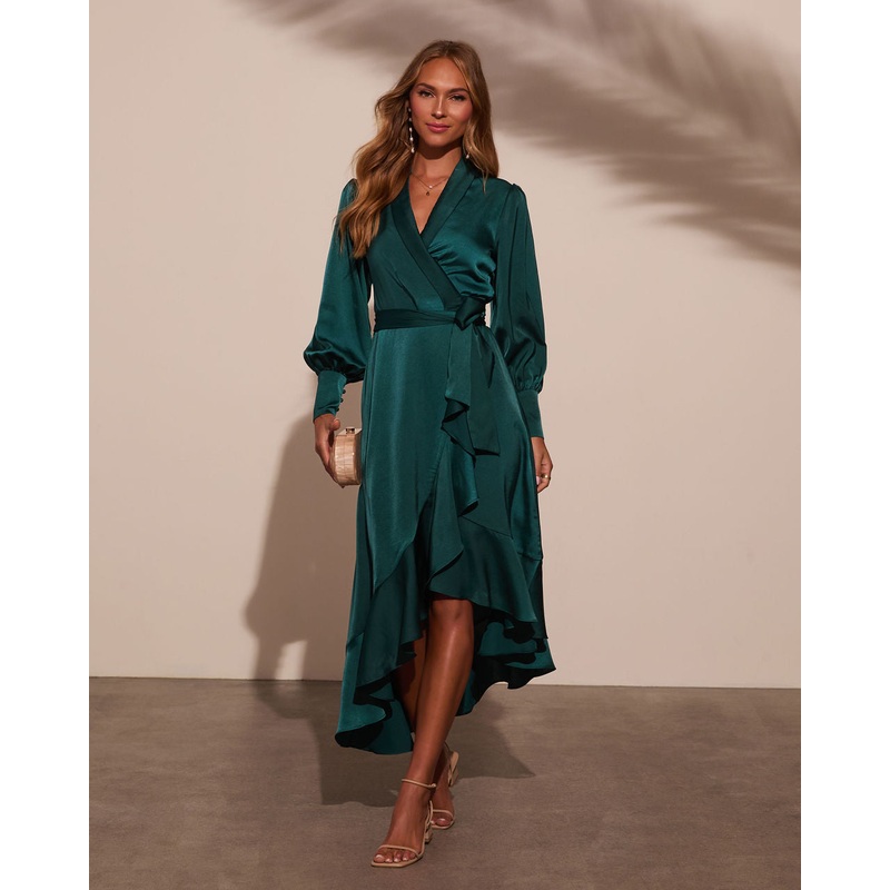 Vilma Satin Wrap Midi Dress|Emerald|Green Multi|XS|S|M|L|XL
