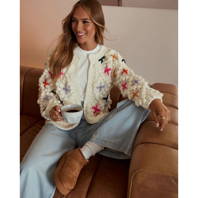 Cozy Moments Embroidered Pom Pom Cardigan