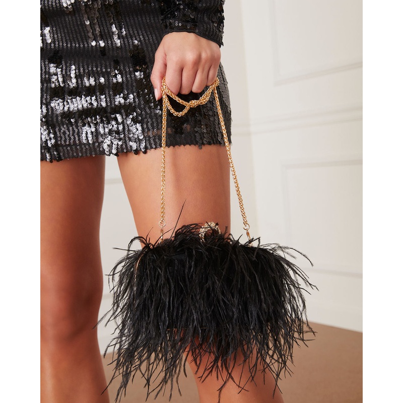 Emily Feather Clutch|Black|Pink|O/S