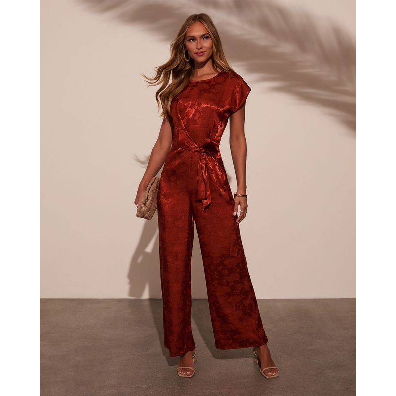 Jackie Satin Jacquard Waist Tie Jumpsuit