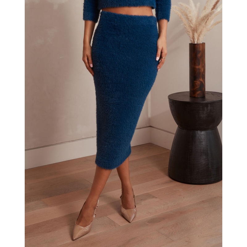 Melena Fuzzy Knit Midi Skirt|Midnight Blue|XS|S|M|L|XL