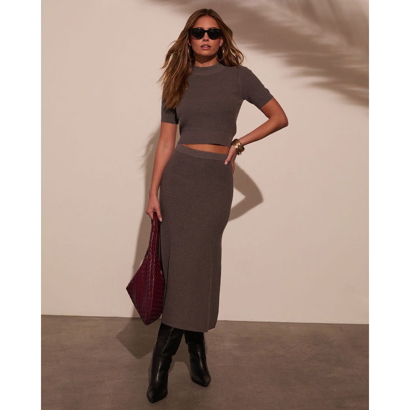 On The Town Knit Midi Skirt|Charcoal|Taupe|XS|S|M|L|XL