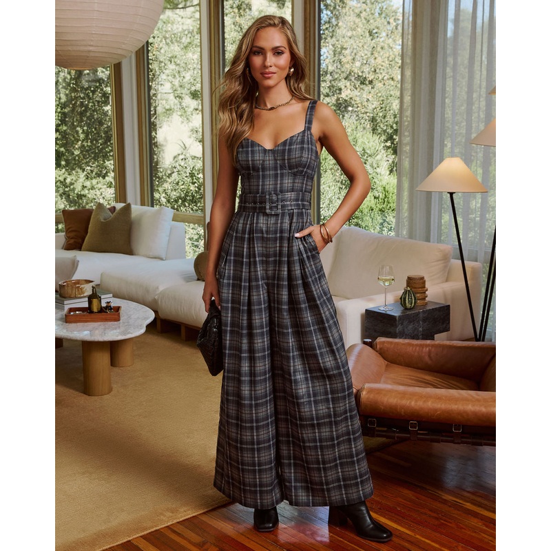 Reggie Plaid Bustier Jumpsuit|Navy|XS|S|M|L|XL