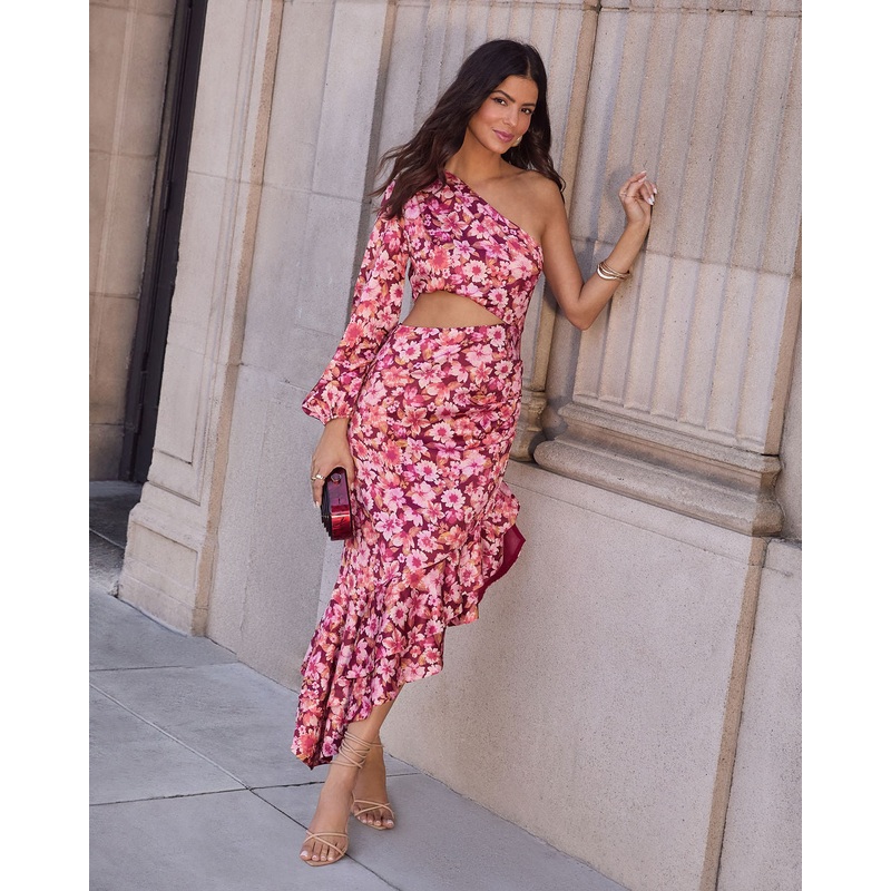 Right Moment One Shoulder Asymmetric Midi Dress