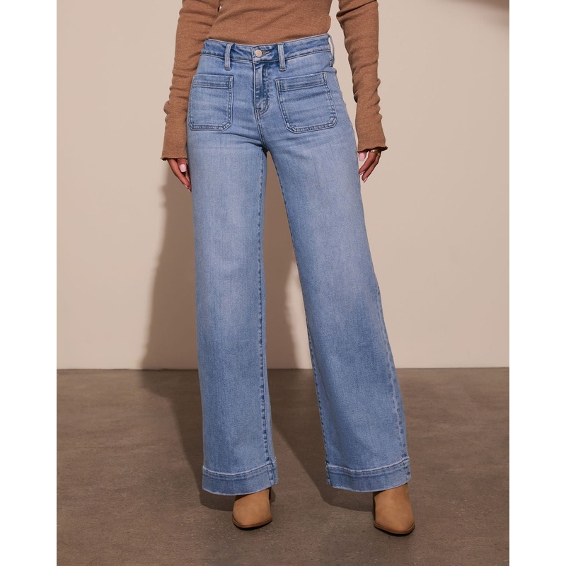 Rugged Charm Stretch High Rise Wide Leg Jeans