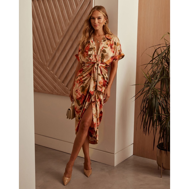 Trudie Floral Satin Midi Shirt Dress