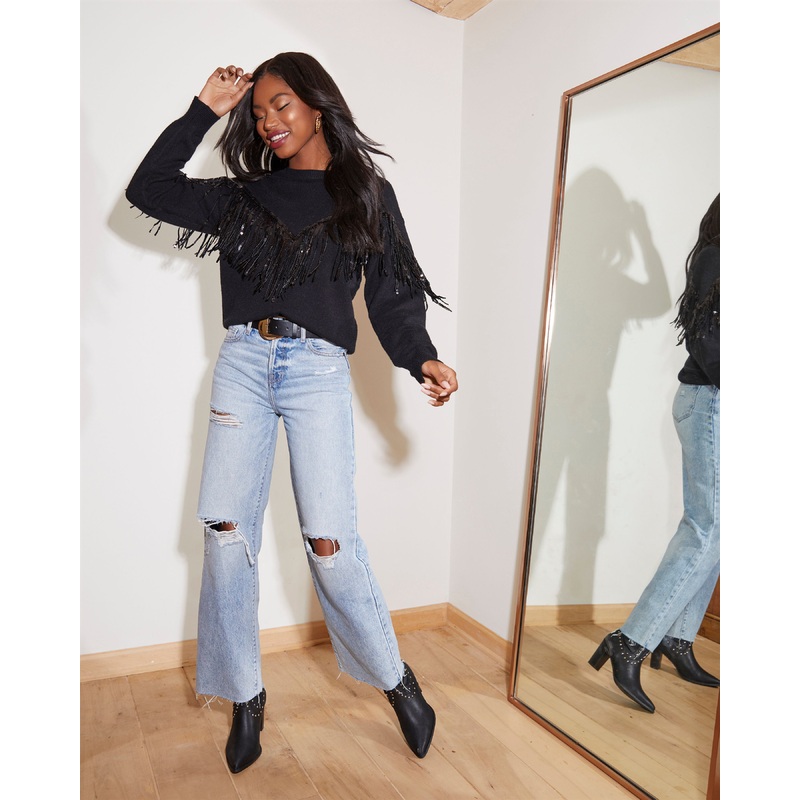 Western Glam Knit Fringe Sequin Pullover Sweater