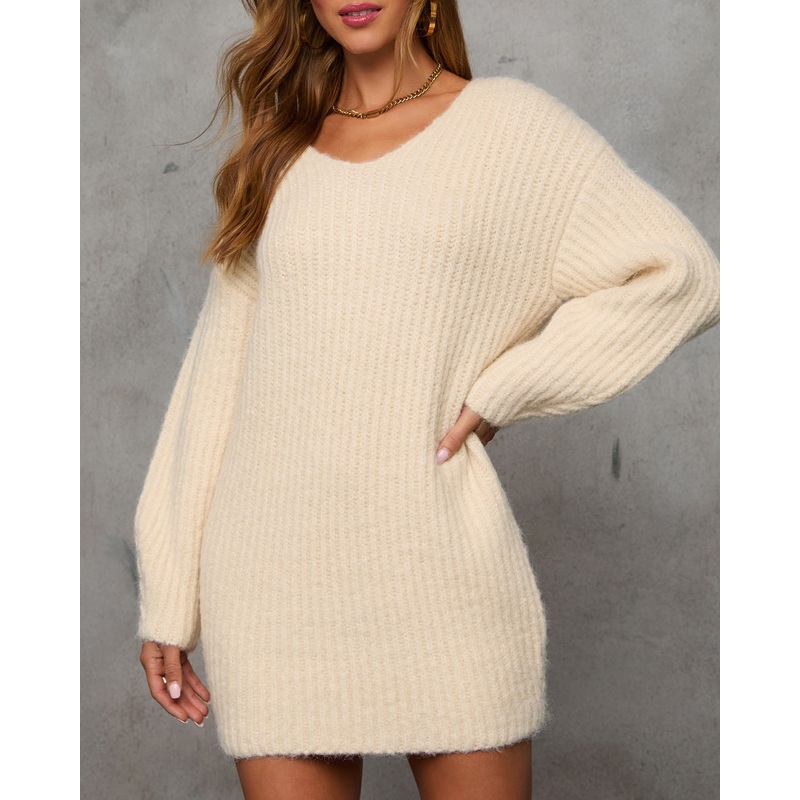 Cozy Threads V Neck Mini Sweater Dress