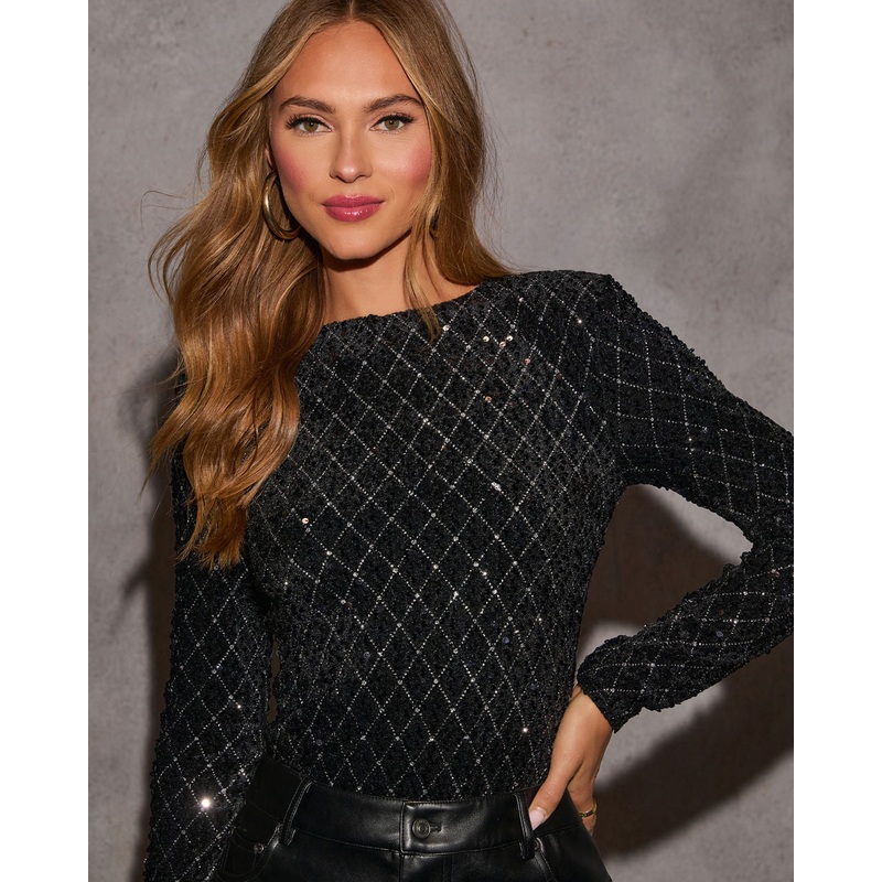 Evening Glam Sequin Bodysuit|Black|XS|S|M|L|XL