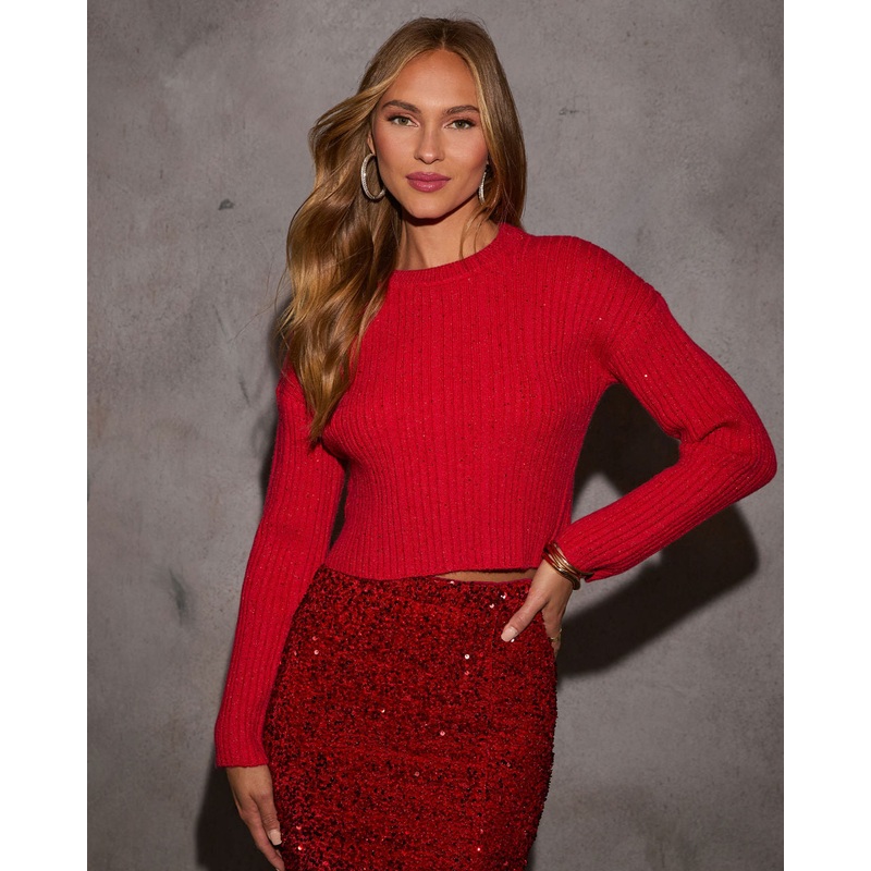 Fiorelle Knit Sequin Sweater|Red|XS|S|M|L|XL