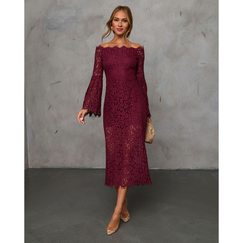 On Your Mind Off Shoulder Lace Midi Dress