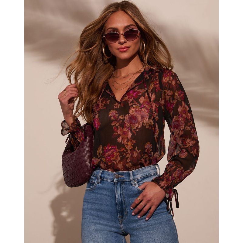 Roslynn Floral Necktie Blouse|Burgundy|XS|S|M|L|XL