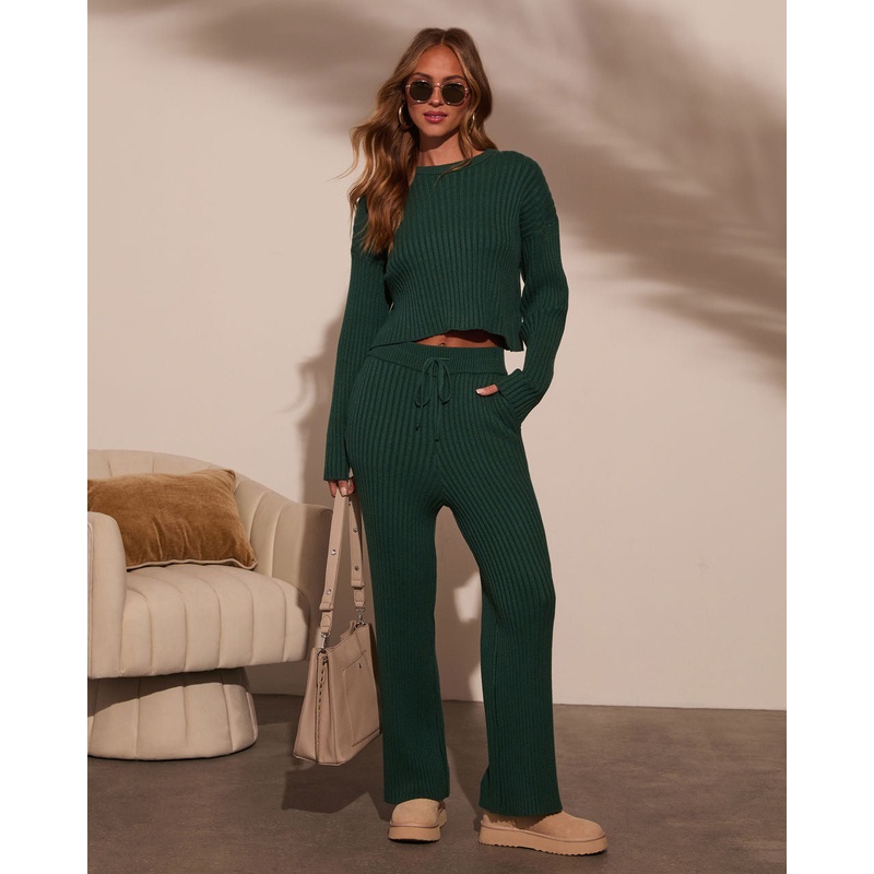 Alliena Ribbed Wide Leg Pants|Dark Emerald|S|M|L