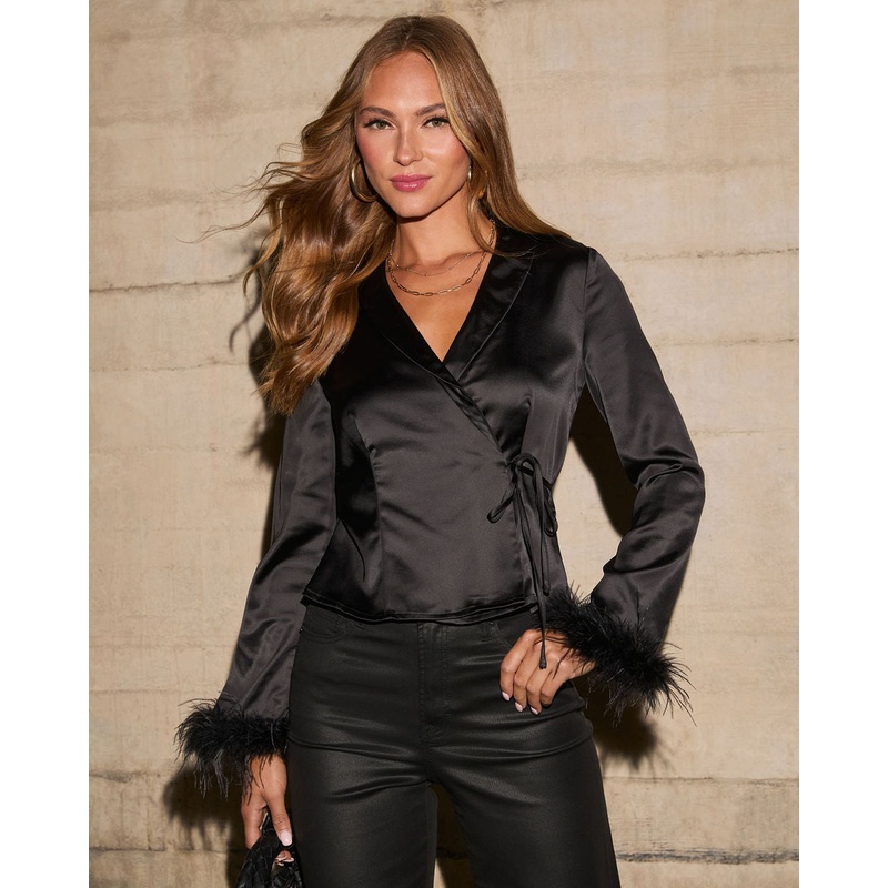 Felicity Feather Trim Satin Wrap Top