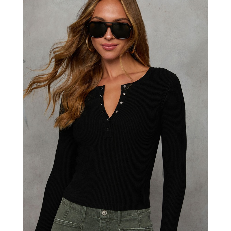 Jenza Ribbed Henley Top|Black|Mocha|S|M|L