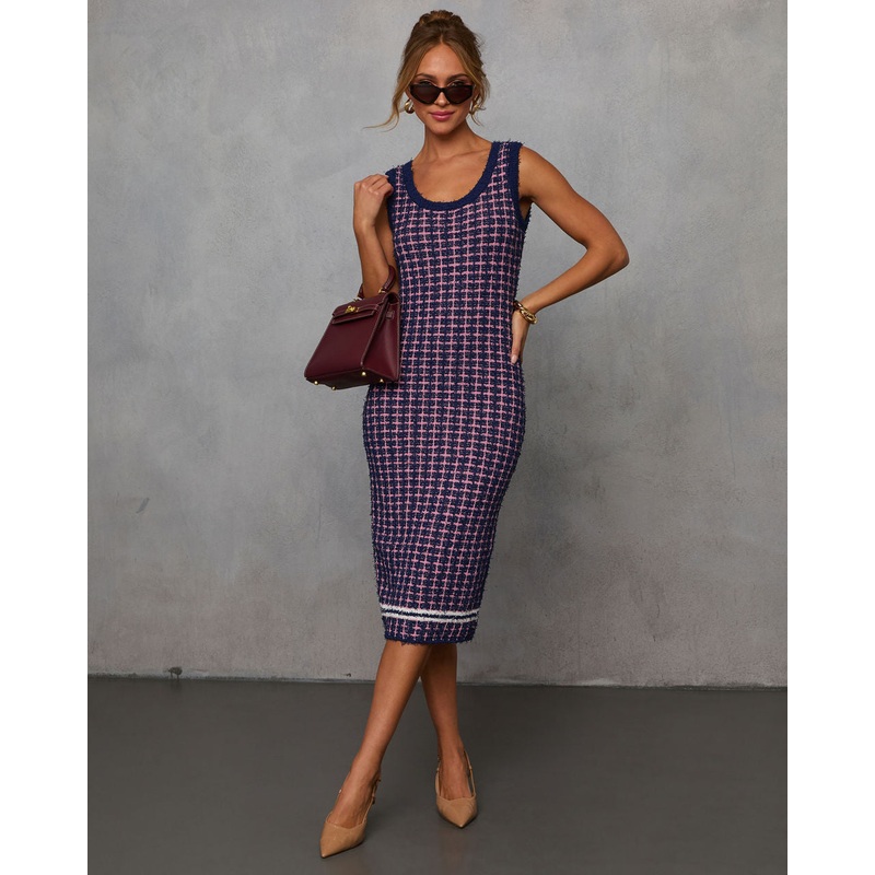 Clarasi Tweed Midi Dress|Navy/Pink|XS|S|M|L