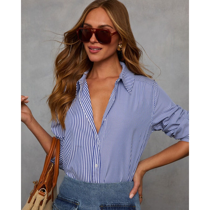 Damie Striped Button Down Top|Blue|XS|S|M|L