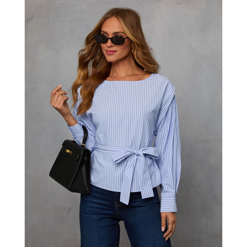 Elaria Striped Belted Blouse|Light Blue|XS|S|M|L|XL