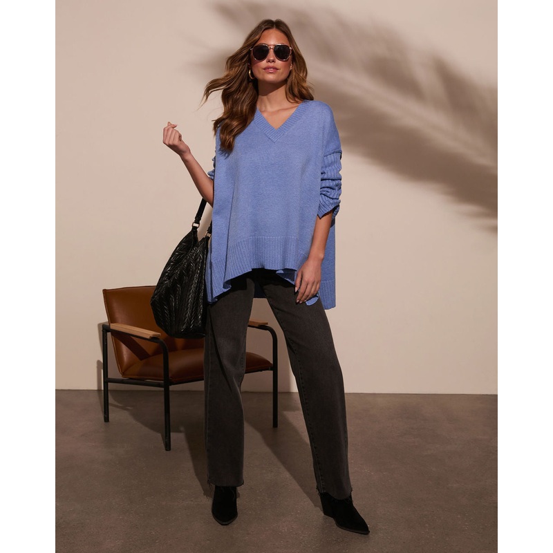 Lela Slouchy V Neck Sweater|Blue|Brown|Mocha|Natural|S|M|L