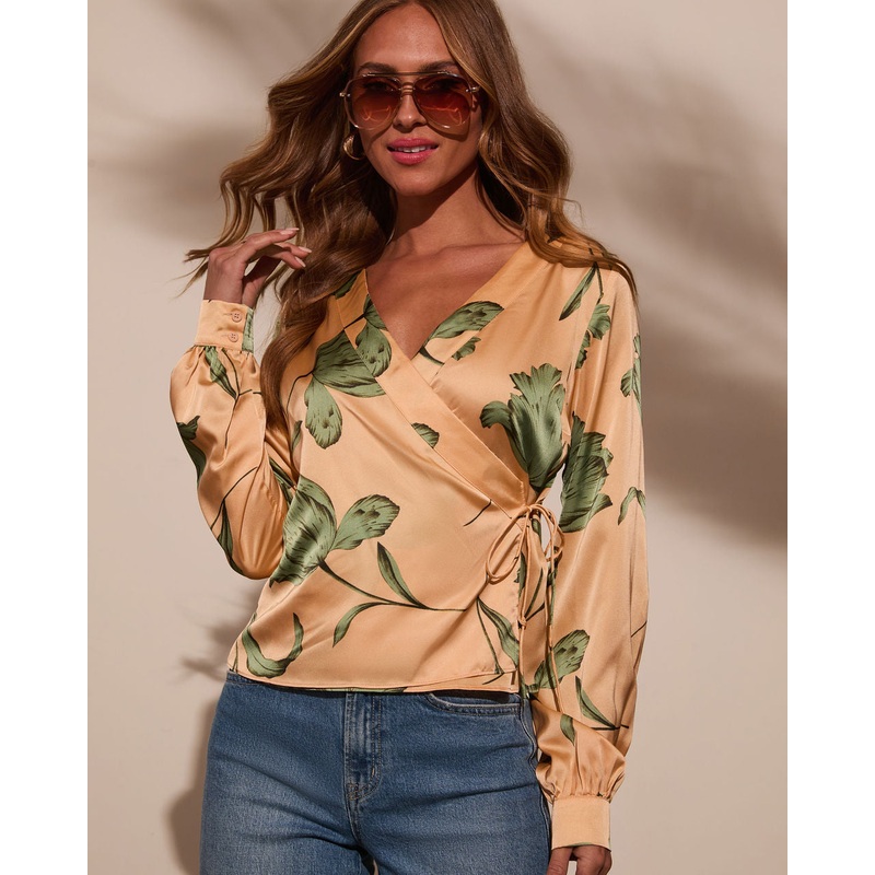 Sunlit Tropics Satin Surplice Top
