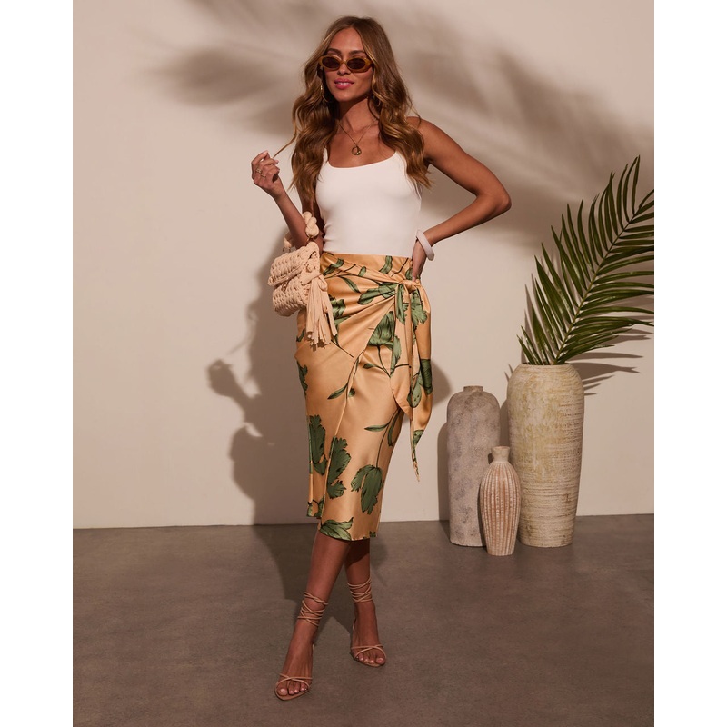 Sunlit Tropics Satin Wrap Midi Skirt