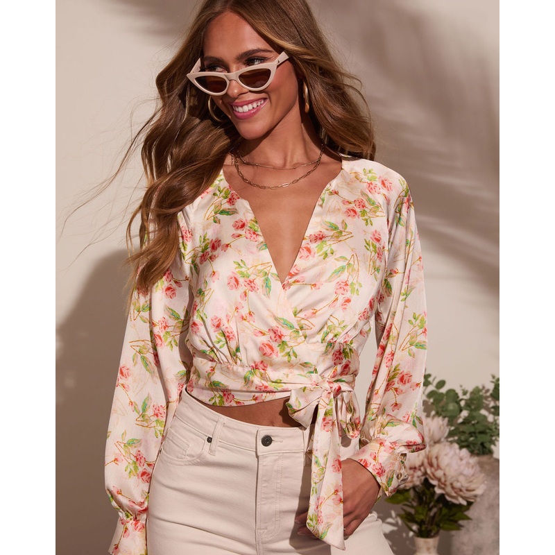 Elysee Floral Satin Wrap Top|Light Beige/Pink|S|M|L