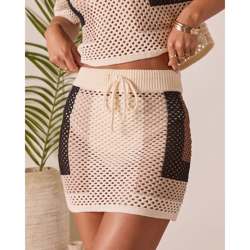 Enzen Color Block Crochet Mini Skirt