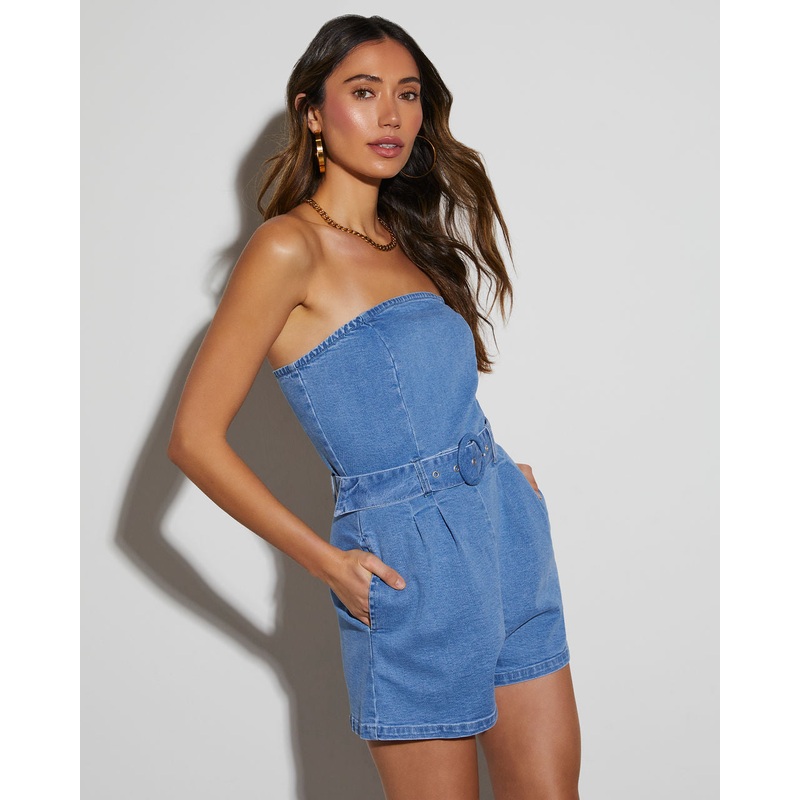 Ezra Strapless Belted Denim Romper