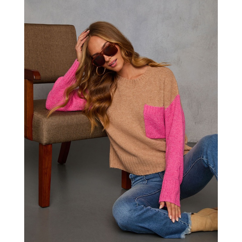 Merry Muse Contrast Sweater|Taupe/Pink|S|M|L