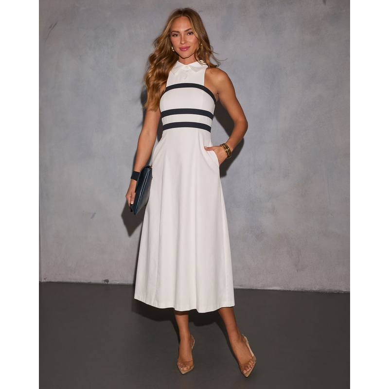 Gracelyn A-Line Midi Dress|Off White/Navy|XS|S|M|L|XL