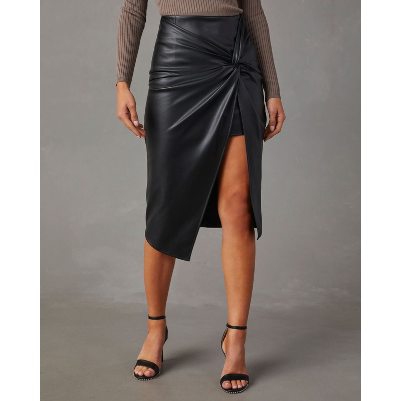 Like Wow Faux Leather Twisted Midi Skirt