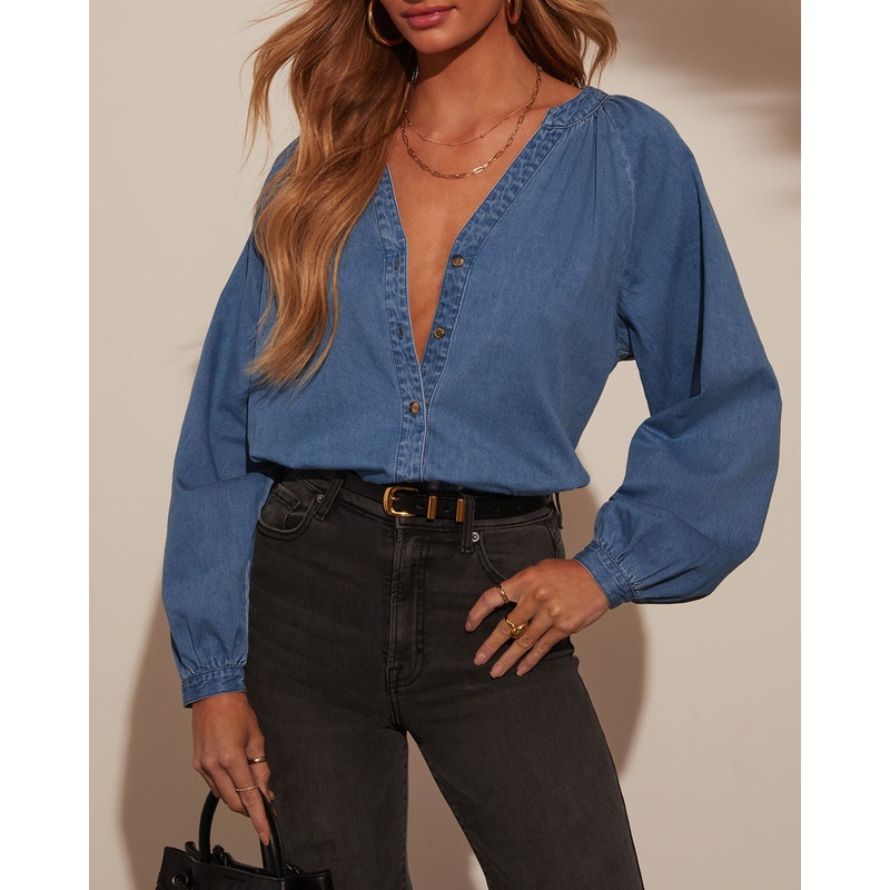Office Hours Denim Button Down Top