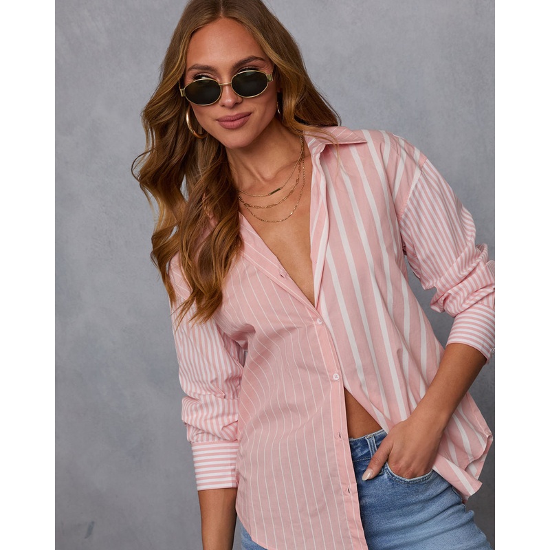 All Day Style Striped Poplin Collared Shirt