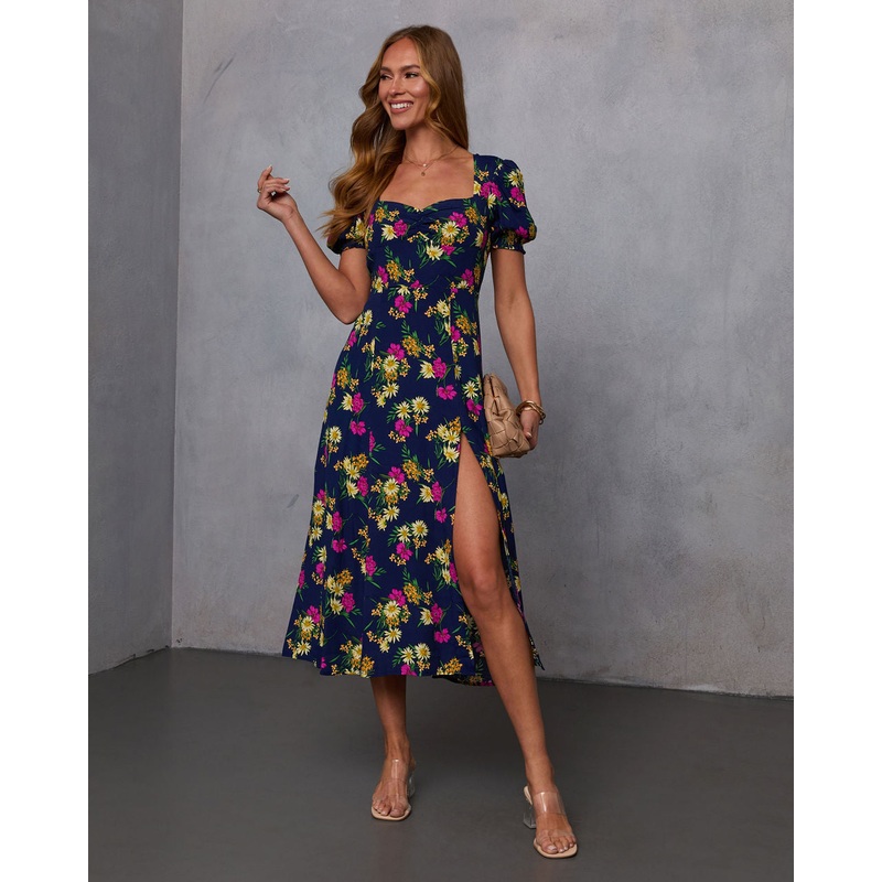 Camellia Floral Puff Sleeve Midi Dress