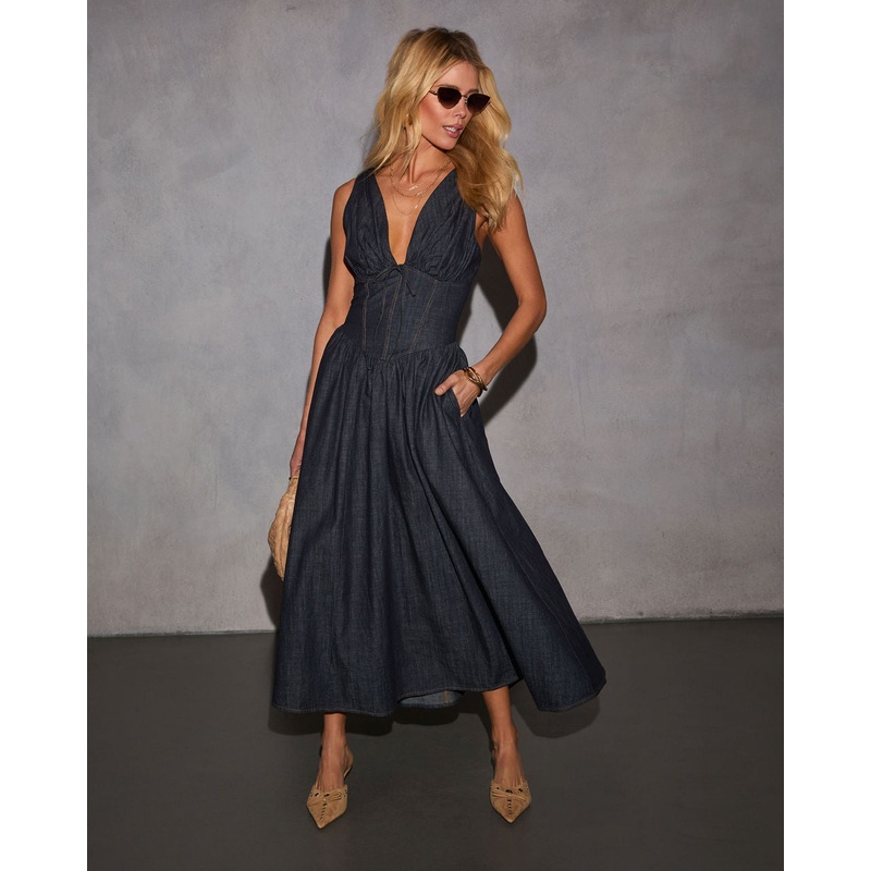 Cherri Fit And Flare Denim Midi Dress