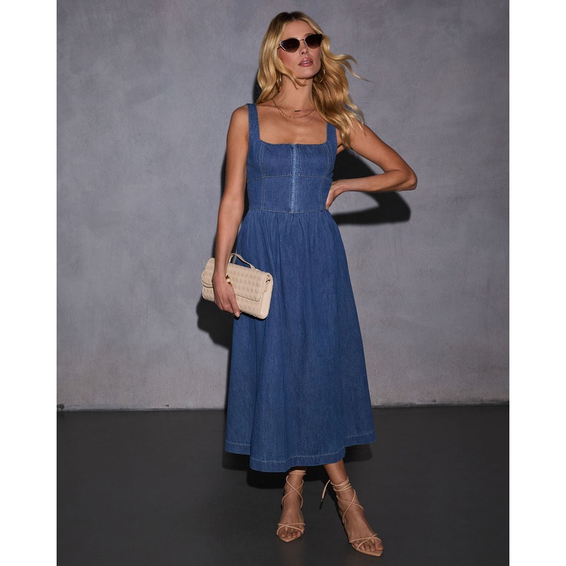 Gianni Denim Fit And Flare Midi Dress