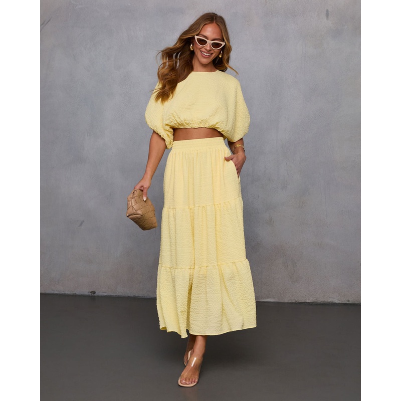 Liena Tiered Gauze Midi Skirt|Yellow|XS|S|M|L|XL