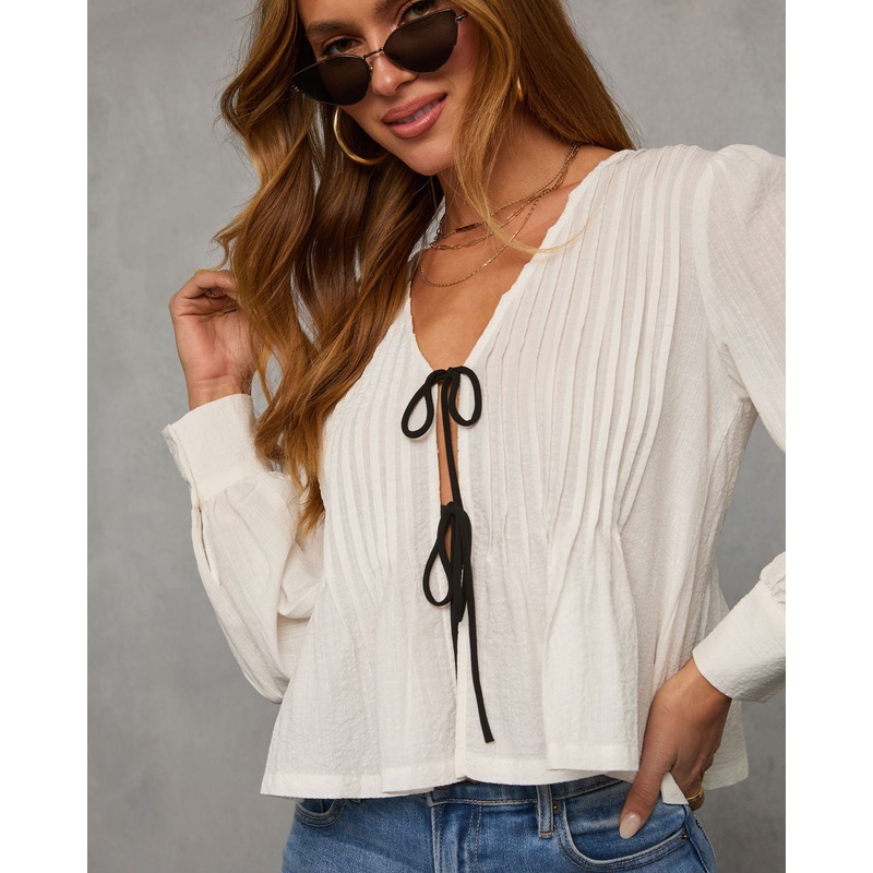 Love Lost Front Tie Pleated Peasant Blouse