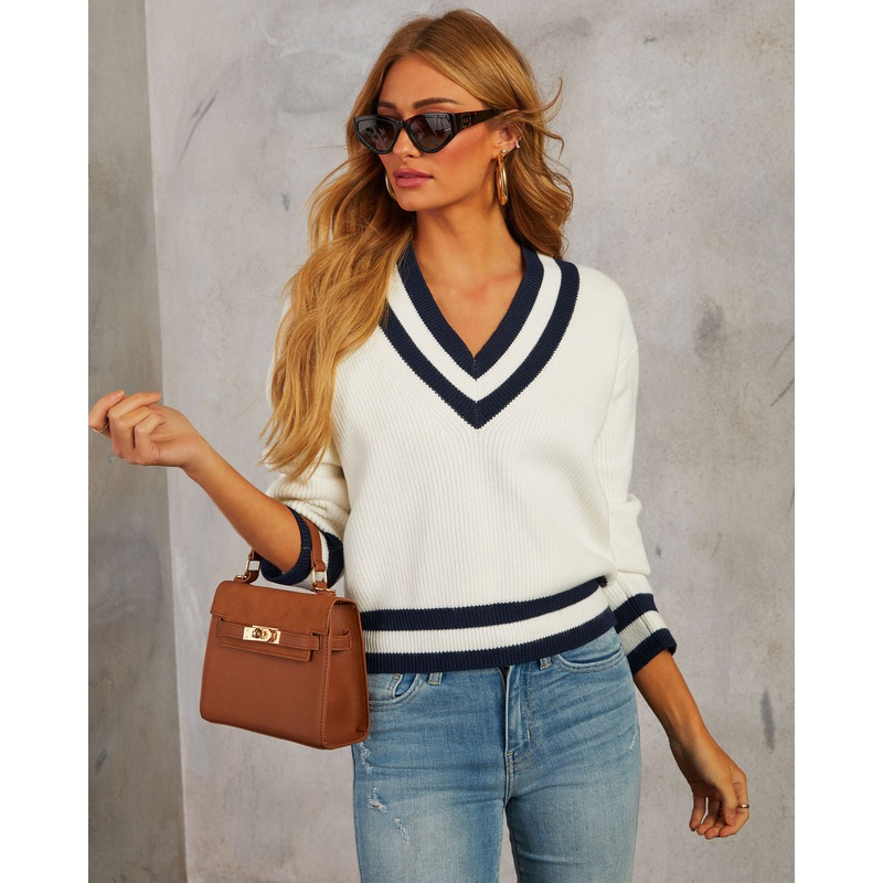 Asher V Neck Pullover Sweater|White/Navy|XS|S|M|L|XL