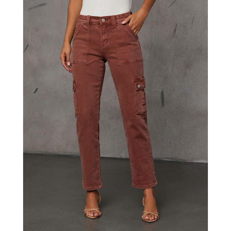 Cerise Straight High Rise Cargo Pocket Pants