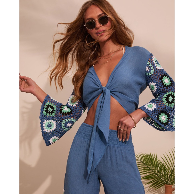 Josia Tie Front Crochet Sleeve Crop Top