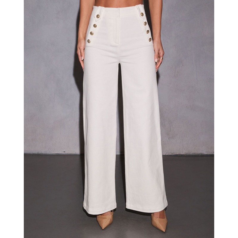 Loranne High Waisted Button Accent Flare Pants