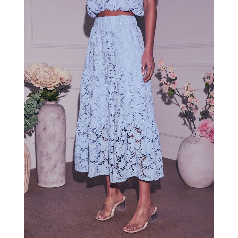Morning Dew Floral Lace Midi Skirt