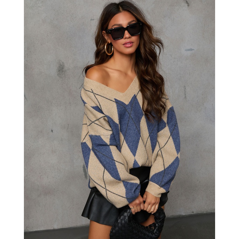 Remma Argyle Print V Neck Sweater