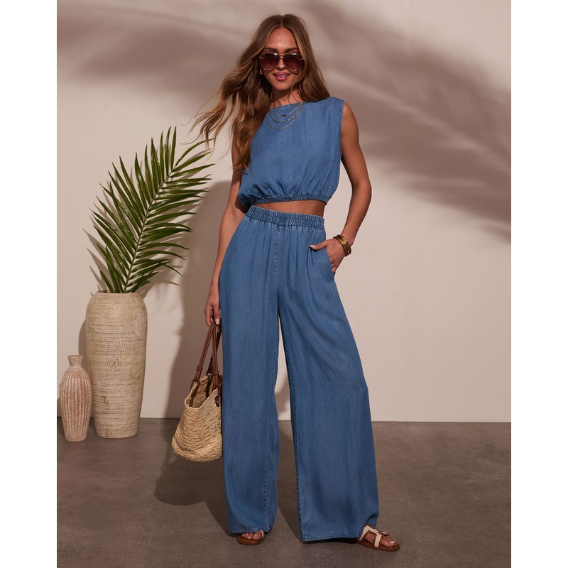 Santie Pleated Denim Pants|Medium Denim|S|M|L